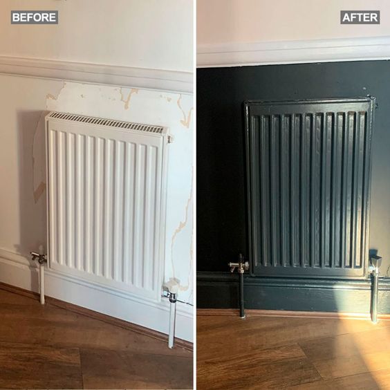 Before-and-after transformation of a radiator and wall, featuring a switch from a damaged white wall to a sleek, dark lime-based paint finish.
