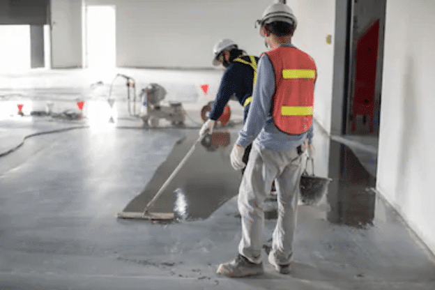 Construction Workers Smoothing a Freshly Poured Concrete Floor