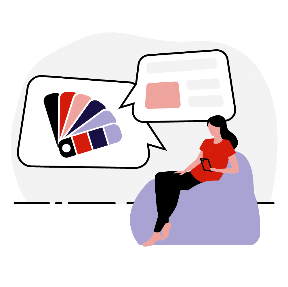 Illustration of a woman sitting on a bean bag, holding a smartphone, with speech bubbles showing a color palette and a digital interface.