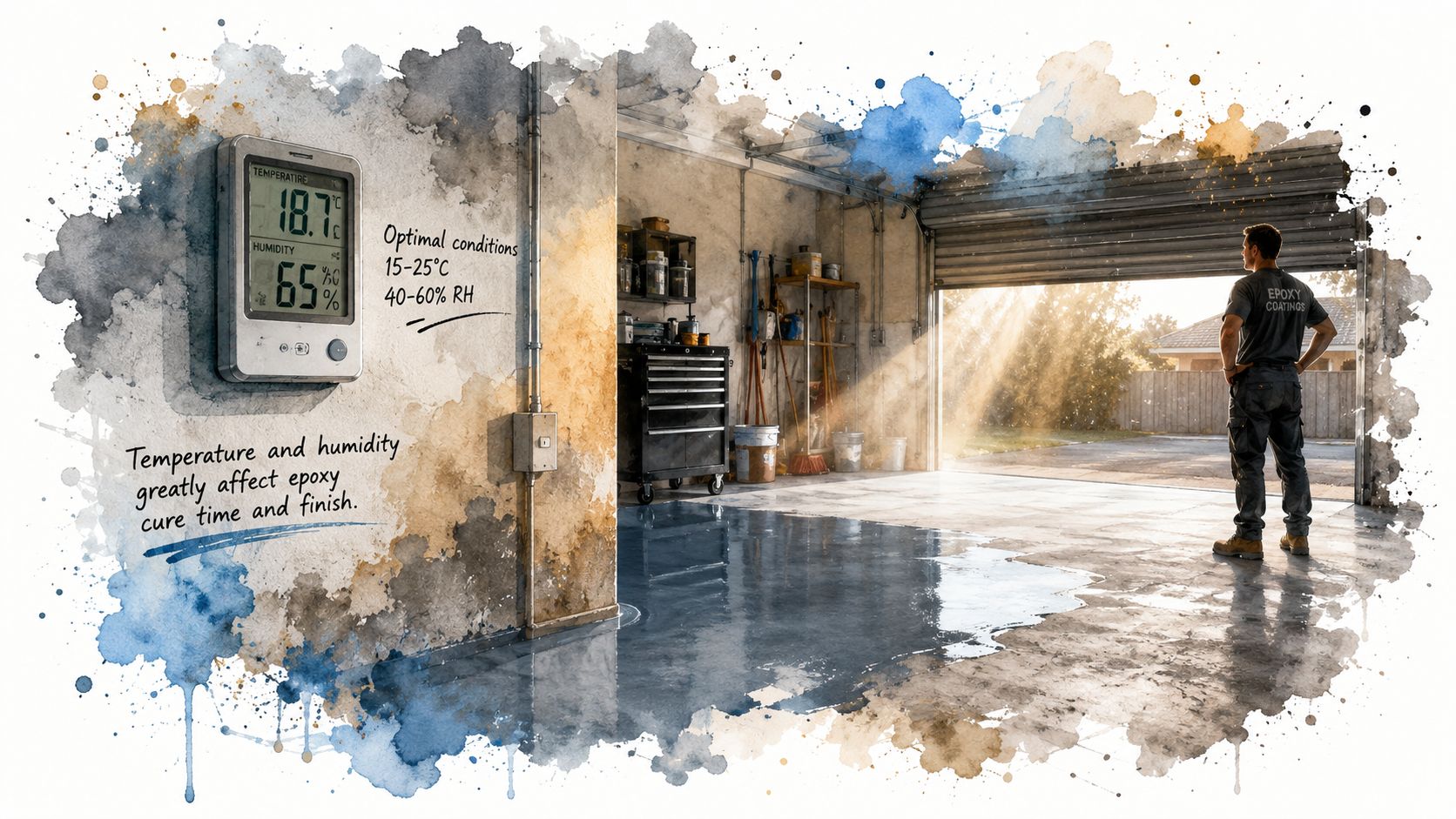 A professional epoxy worker stands in a garage inspecting a freshly applied, wet, and shiny epoxy floor coating.